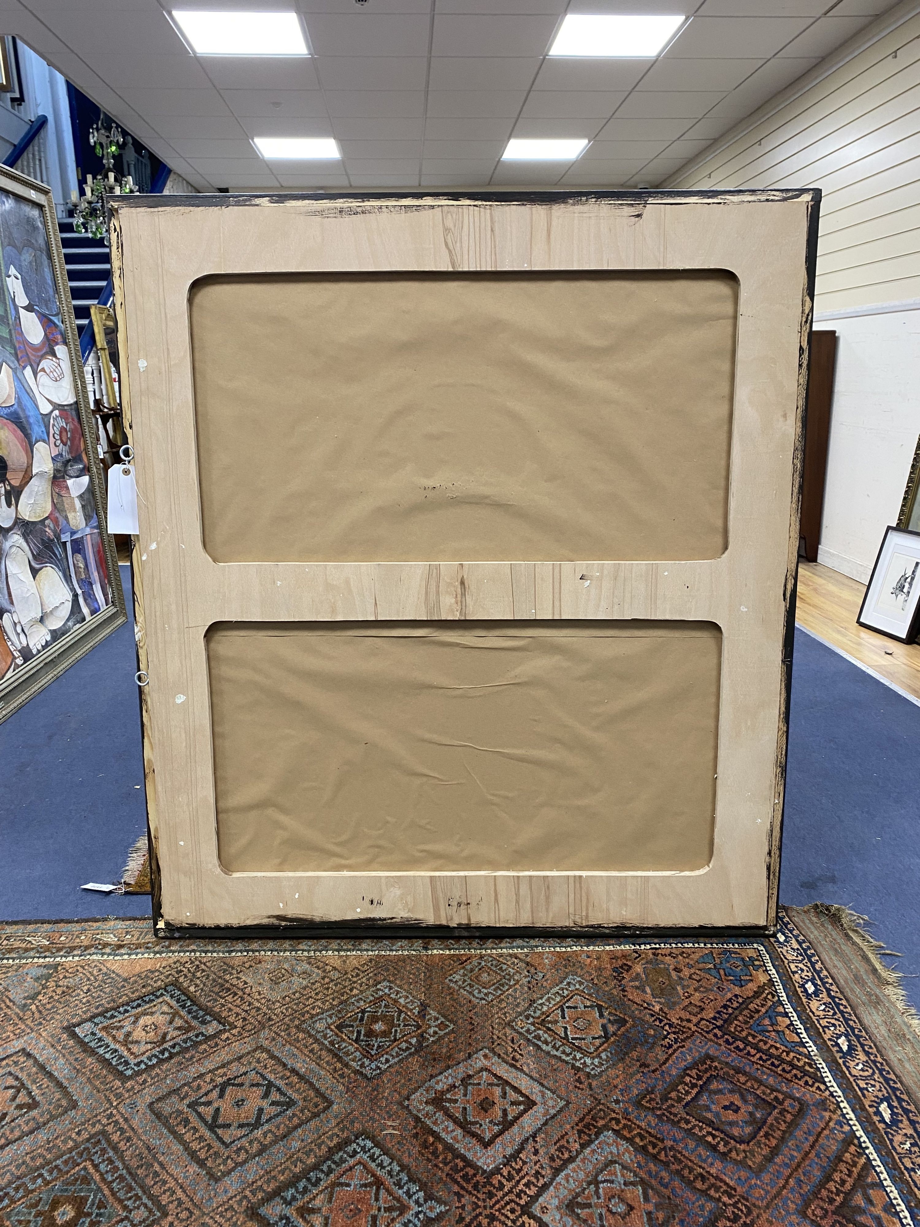 A large contemporary artwork on glass, with abstract pattern and centre mirror in frame, unsigned, width 119cm, height 134cm